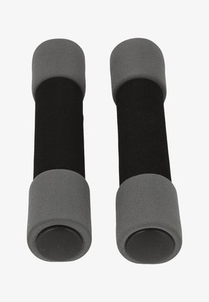 Black and gray foam-covered dumbbells with rounded ends, featuring a smooth texture and durable design for fitness use.