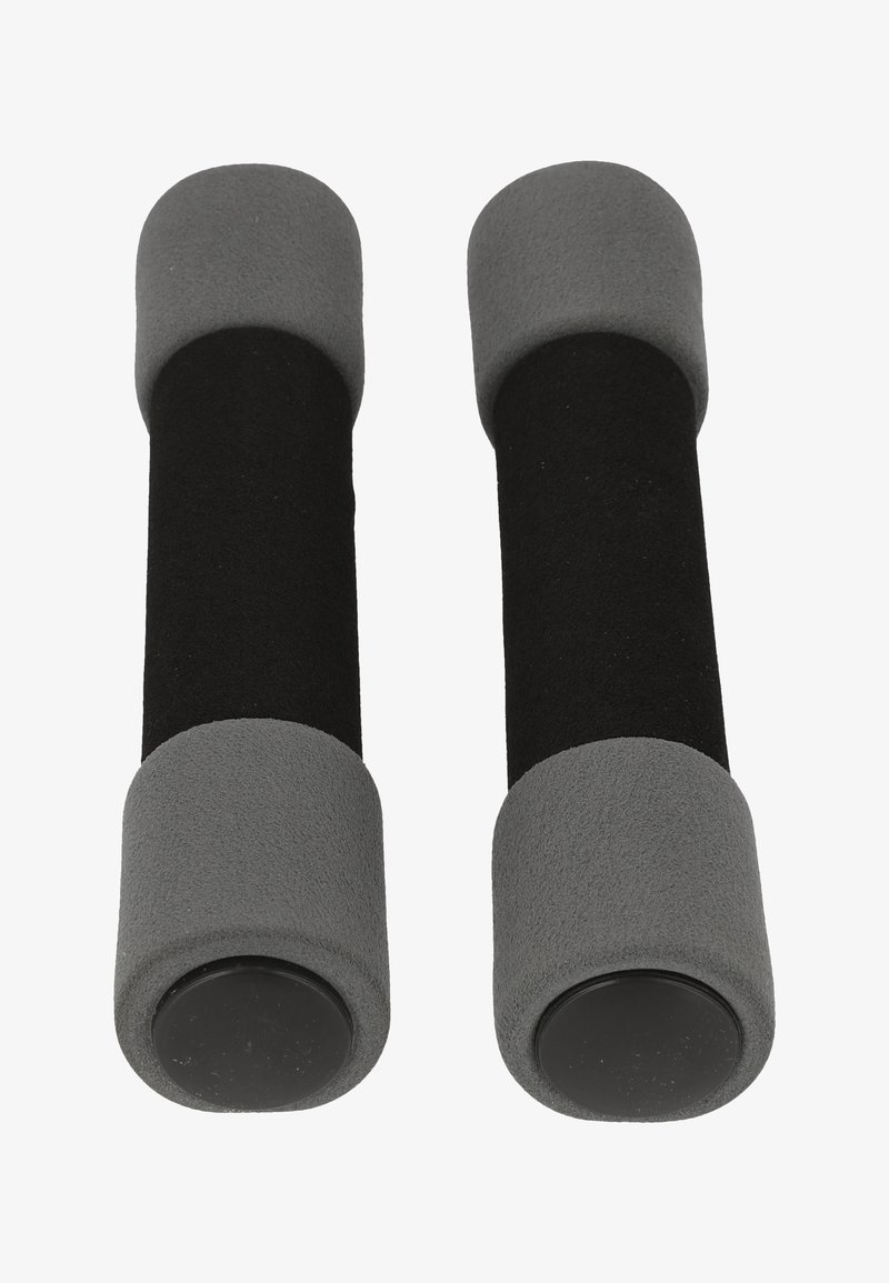 Mustekat ja hallid vahtkummiga kaetud hantlid ümarate otstega, millel on sile pind ja vastupidav disain võimlemiseks.