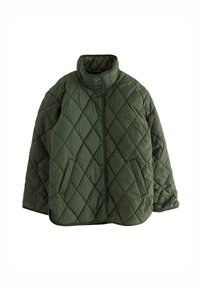 Giacca verde trapuntata con colletto alto, chiusura a bottoni a scatto e tasche laterali. Presenta un motivo a diamante sulla stoffa.