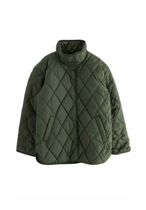 Giacca verde trapuntata con colletto alto, chiusura a bottoni a scatto e tasche laterali. Presenta un motivo a diamante sulla stoffa.
