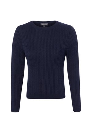 Pull bleu marine à manches longues avec motif torsadé et encolure ronde, présenté sur fond blanc.