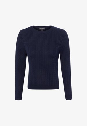 Pull bleu marine à manches longues avec motif torsadé et encolure ronde, présenté sur fond blanc.