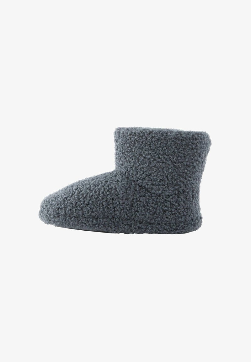 Gray, fuzzy ankle boot made of soft material. Features a rounded toe and a simple, textured surface without visible fasteners or accents.