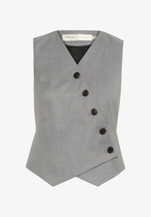 Pilkos be rankovių liemenės su prigludusia siluetu, kuri turi apvyniojimo dizainą, penkis juodus mygtukus ir subtilią tekstūrą.