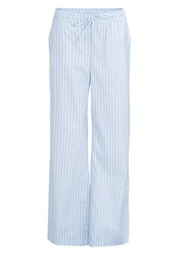 Helleblaue, gestreifte Weitbein-Hosen mit einem Kordelzug-Bund, zwei seitlichen Taschen und einer weichen, glatten Textur.