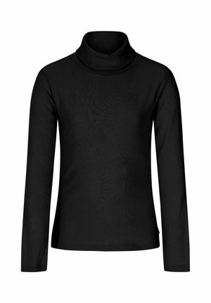 T-shirt noir à manches longues avec col roulé, avec un logo subtilement embossé sur la poitrine et un ourlet droit.
