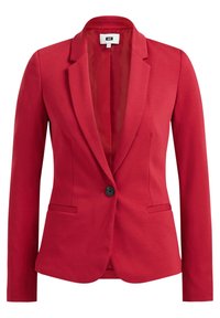 Röd blazer med enknappslåstning, snedkragar och två sidfickor. Slätt tyg med skräddarsydd passform och långa ärmar.