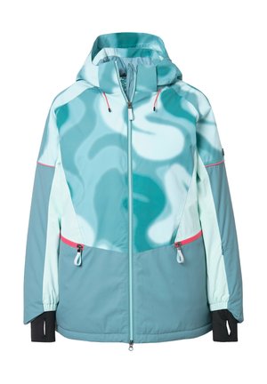 Vindjakke lavet af letvægts, vandafvisende stof; har et teal og lys blå abstrakt mønster, justerbar hætte og lynlåslommer.