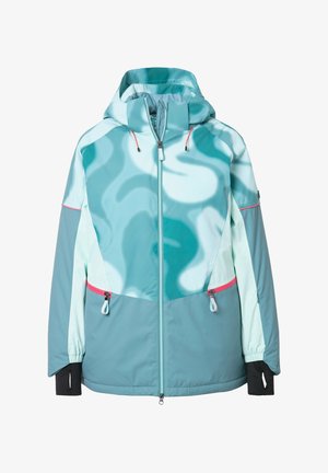 Větruodolná bunda vyrobená z lehkého, voděodolného materiálu; má abstraktní vzor v tyrkysové a světle modré barvě, nastavitelnou kapuci a kapsy na zip.