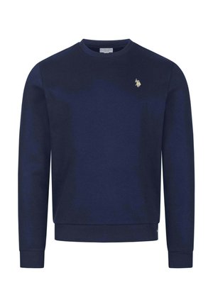Marinefarbener Sweatshirt aus Baumwollmischung, mit Rundhals, langen Ärmeln, gerippten Bündchen und Saum sowie einem kleinen goldenen Logo auf der Brust.