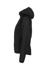 Giacca softshell nera con cappuccio, dotata di tasche laterali con zip, polsini elastici e una superficie liscia opaca. Logo sulla spalla.