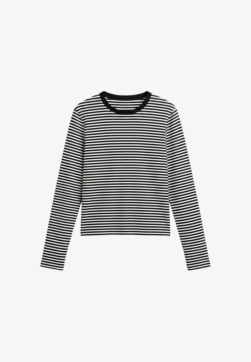 Chemise à manches longues avec des rayures horizontales noires et blanches et un col rond noir uni.