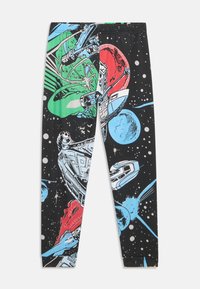 Schwarze Leggings mit buntem, weltraumthematischem Druck, der Sterne, Planeten und detaillierte Raumschiff-Illustrationen zeigt.