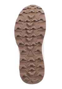 Hnědá gumová podrážka s vzorovaným dezénem obsahujícím cikcakové a trojúhelníkové tvary, navržená pro trakci a odolnost. Viditelné vyztužené okraje.