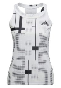 Vit sporttopp med svarta geometriska mönster. Har en racerback-design, rund halsringning och lättviktig tyg. Adidas-logotyp i svart.