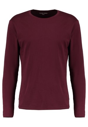 Burgundské tričko s dlouhým rukávem z měkké bavlny, s kulatým výstřihem a standardním střihem, bez vzorů nebo ozdob.