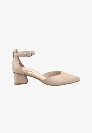 Pump beige con tacco quadrato, punta affusolata e cinturino alla caviglia. Realizzate in pelle liscia con un design semplice e hardware minimale.