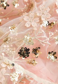 Delikat pink meshstof med broderede blomster mønstre og klynger af guld, sort og sølv pailletter, der skaber et tekstureret dekorativt design.