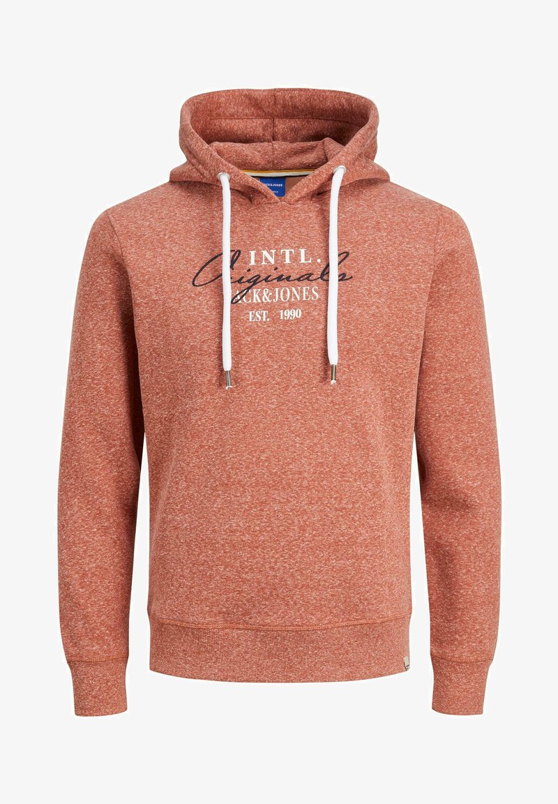 Rote Melange-Hoodie aus weichem Stoff mit einer Kapuze mit Kordelzug, gerippten Bündchen und Saum sowie einem bedruckten Logo auf der Vorderseite.