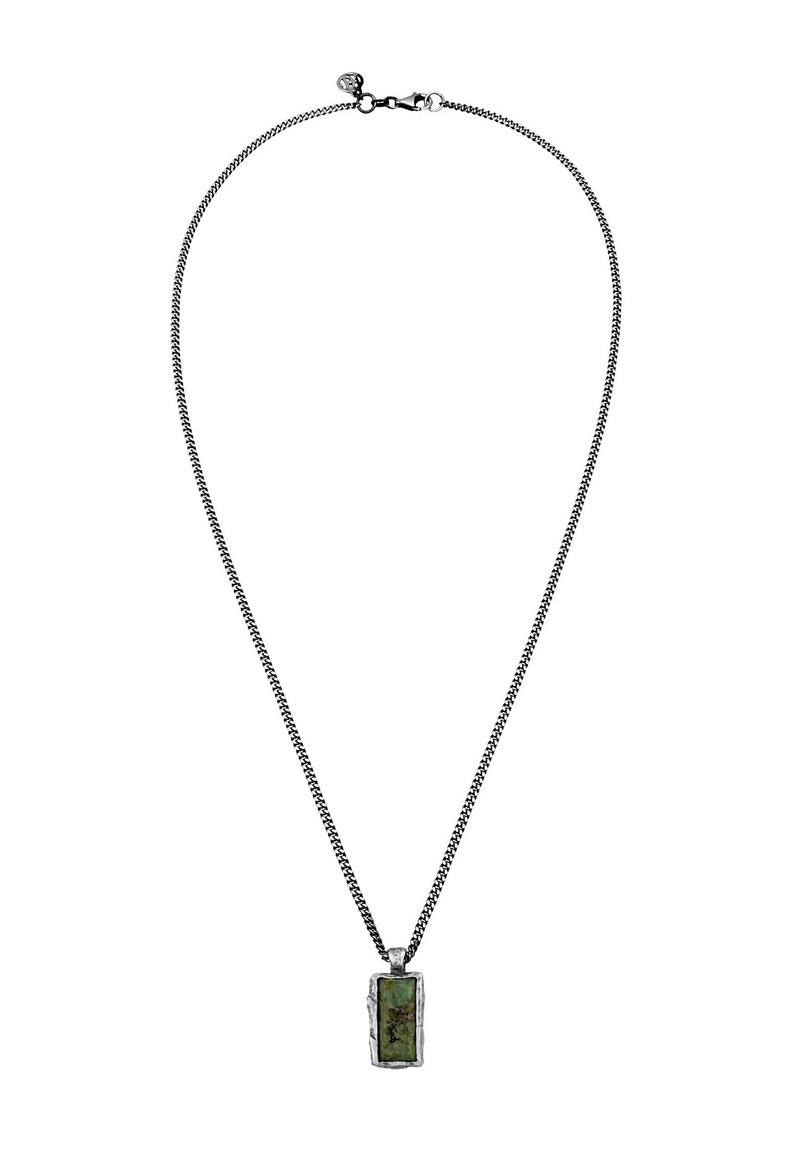 Silver-tone chain necklace featuring a rectangular green stone pendant with a textured border. Chain is braided, showcasing a sleek design.