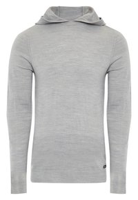 Lichtgrijze pullover sweatshirt met een relaxte capuchon, lange mouwen, ribgebreide manchetten en onderkant; gemaakt van een zachte, gladde stof.