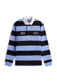 Polo a manica lunga a righe orizzontali azzurro chiaro e nero, con colletto bianco e logo ricamato sul petto.