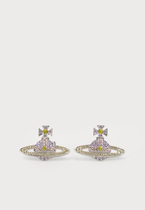 Silver-tone earrings featuring purple and yellow stones, with a unique crown design and circular base, embellished with intricate details.
