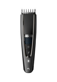 Zwarte haarclipper met een gestructureerde grip, digitaal display, instelbare lengtesettings en een afneembare mes voor gemakkelijke schoonmaak.