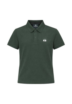 Polo verde scuro a maniche corte con due bottoni, colletto e un piccolo logo bianco con due cavalieri sul petto sinistro.