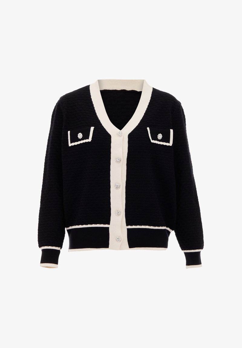 Námořnický modrý cardigan s texturovaným tkaním, krémovými akcenty, dvěma předními kapsami, véčkovým výstřihem a dekorativními knoflíky.