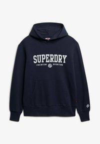 Navyblauwe hoodie van een katoenmix, met witte tekst "SUPERDRY PREMIUM SPORTING," een kangoeroezak, ribgebreide manchetten en zoom.