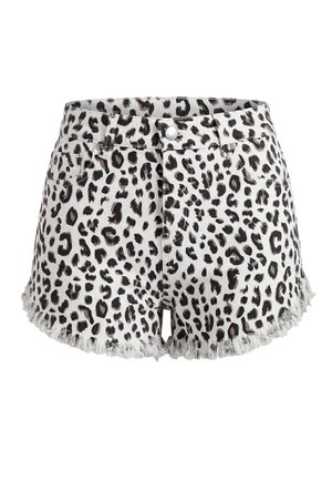 Spijkershorts met luipaardprint, rafelige zoom, knoop aan de voorkant, ceintuurlussen en voorzakken.