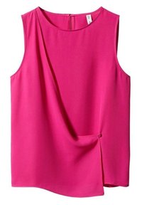 Haut sans manches rose en tissu lisse, avec un détail drapé sur le devant et un petit nœud discret. Encolure arrondie et fermeture éclair au dos.