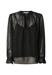 Blusa nera trasparente con scollatura rotonda, maniche lunghe e polsini arricciati. Presenta piccoli motivi a quadrato e un dettaglio anteriore con nodo.