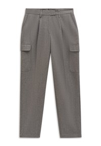 Graue, locker sitzende Hosen aus strukturiertem Stoff mit flachem Bund, zwei Seitentaschen und zwei Cargo-Taschen an den Oberschenkeln.