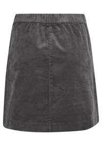 Jupe mini en velours côtelé noir à coupe droite, avec une surface texturée à côtes et une taille élastique pour le confort.