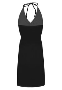 Musta halterneck-mekko, jossa on harmaa torso. Mekko on muotoiltu tiukasti, ja siinä on solmittava kaula ja poimutus rintakehässä. Yleisesti ottaen kangas on sileä.
