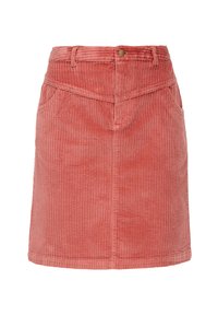 Jupe en velours côtelé de couleur corail atténué, présentant des côtes verticales, une ceinture avec un bouton et des poches avant. Texture lisse et coupe ajustée.