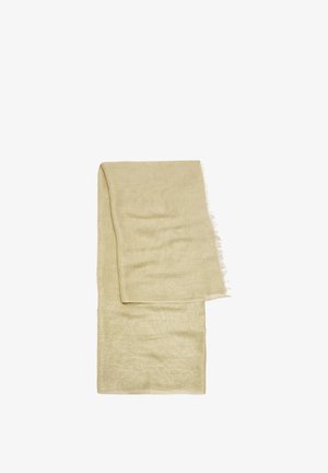 Jasno-beżowy szal wykonany z miękkiego materiału o delikatnym połysku, z postrzępionymi krawędziami i prostokątnym kształtem. Gładka faktura w całej długości.