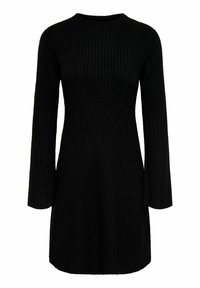 Schwarzes geripptes Strickkleid mit langen Ärmeln, Rundhalsausschnitt und geradem Saum.