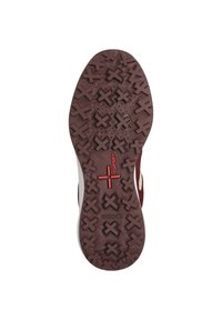 Suola della scarpa in gomma marrone con texture, caratterizzata da un design con grip a motivi. Dettaglio del logo in rosso e un accento bianco sul lato.
