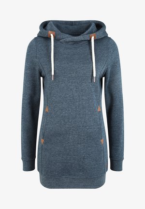 Mørkeblå hettegenser med en myk tekstur, som har en cowl-hals, hvite snorer og brune trekantede detaljer på sidene.