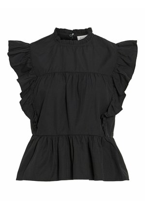 Blusa sin mangas negra con cuello alto con volantes y mangas tipo volante, con cintura fruncida y cierre de botones en la espalda.