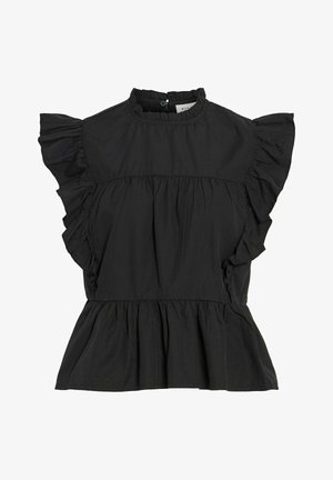 Mustast värvist varrukateta pluus, millel on volangidega kõrge kaelus ja lehvivad varrukad, vöökohal kogumistega ning taga nööbiga kinnitatav.