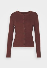 Geribde cardigan in donkerrood, met een ronde hals, knoopsluiting met bruine knopen en lange mouwen, gemaakt van zachte stof.