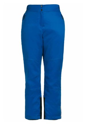 Blauwe skibroek gemaakt van waterdichte stof, met twee zijzakken, een rechte snit en zwarte accenten aan de onderranden.