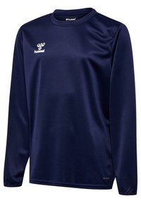 Marinblå långärmad sporttröja i mjukt, lätt tyg med rund halsringning och en liten vit logga på bröstet.