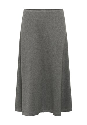 Grijze, knielange rok van zachte stof. Heeft een eenvoudig ontwerp met een effen kleur, een elastische tailleband en geen zichtbare zakken.