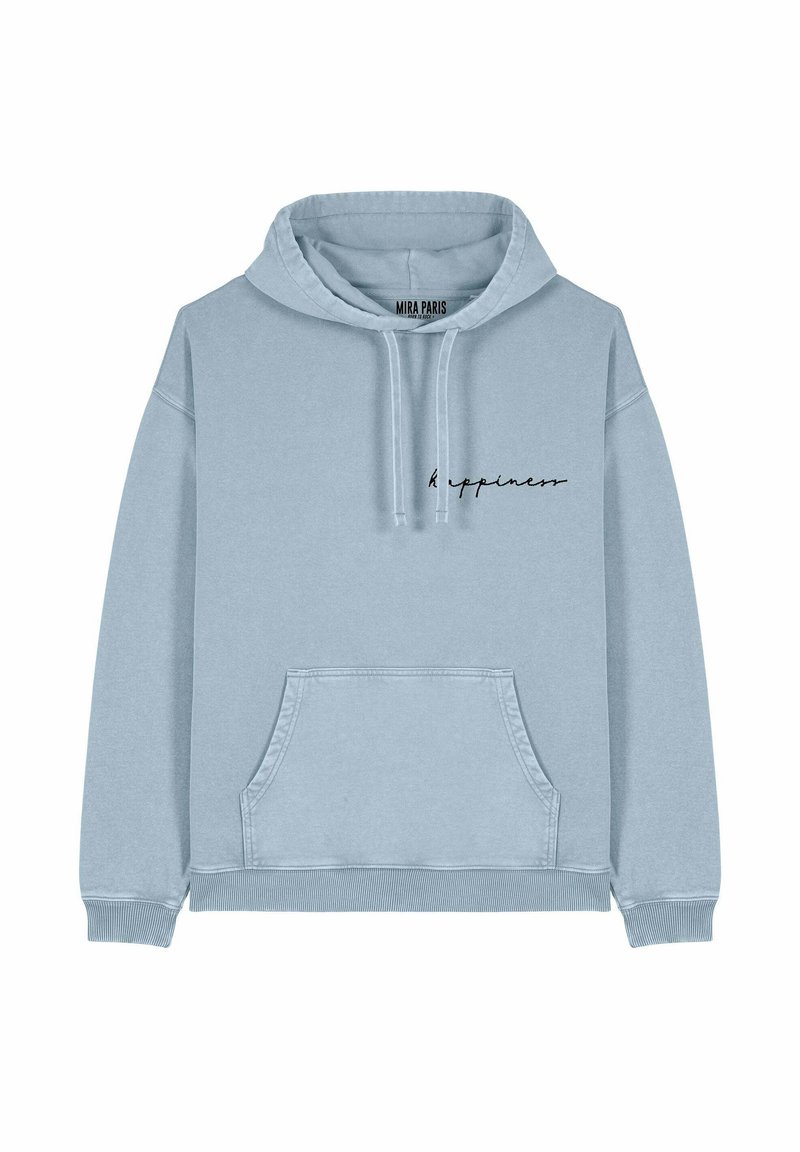 Felpa leggera blue con tasca a kangaroo, cappuccio con cordoncino e la parola "felicità" in font corsivo nero sulla parte anteriore. Materiale in cotone, design casual.