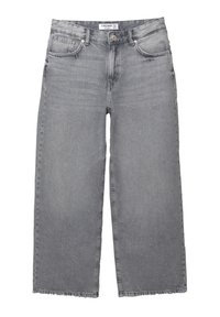 Jean gris à jambes larges en denim avec un ourlet effiloché, cinq poches et une fermeture par bouton. Présente un léger délavage et une coupe décontractée.